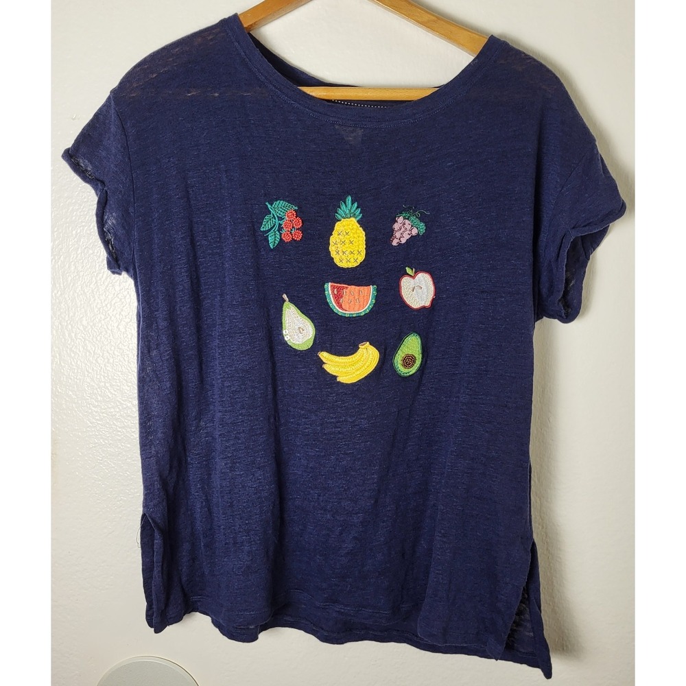 Akemi + Kin Top 100% Linen Navy Beaded Embroidered Fruit Sz S Coastal Girlcore